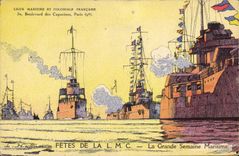 CPA Illustrateur Haffner Bateau de guerre Fetes de la LMC La grande semaine maritime 