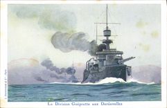 CPA Illustrateur Haffner Bateau de guerre La Division Guepratte aux Dardanelles 