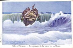 CPA Illustrateur Haffner Bateau Cote d'Afrique Le passage de la barre en surf coat 