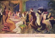 CPA Publicite Exposition de Bruxelles 1910 Une soiree dans le restaurant parisien Fourrures Revillon Freres