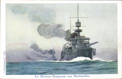 Vintage Postcard Boat War Haffner Illustrator Guepratte division in Dardanelles