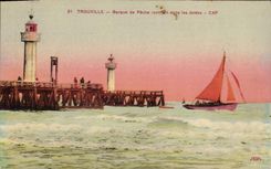 Vintage Postcard Headlight Trouville Boat of sin returning in the piers Fishing boat