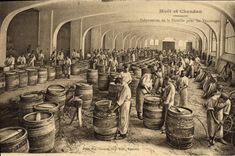 Postal Folclore Vino Vendimia Champaña Moet & Chandon Preparación del Barril para las vendimias