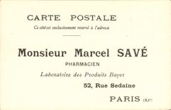 CPA Publicite Marcel Save Pharmacien Laboratoires des Produits Bayer Paris 11eme