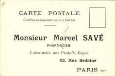 Vintage Postcard Publicity Marcel Save Pharmacist Laboratories of the Products Bayer Street Sedaine Paris