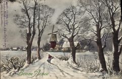 Vintage Postcard Fantaisie Illustrator Windmill Happy new year