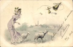 Vintage Postcard Fantasy Illustrator Woman Lamb Bells