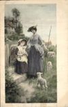 Vintage Postcard Fantasy Illustrator Child wife Lambs