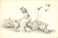 Vintage Postcard Fantasy Illustrator Woman Lamb Rabbits Bells