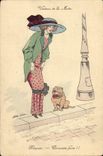 Vintage Postcard Fantasy Illustrator Xavier Sager Woman Dog Victim of the mode