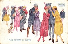 Vintage Postcard Fantasy Illustrator Xavier Sager Paris Woman during the Militaria war