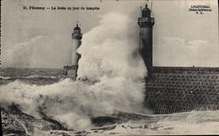 Vintage Postcard Fecamp Headlight the pier one day of storm