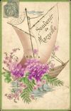 Vintage Postcard Fantasy Flowers Sailing Marseilles Boat