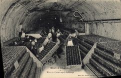 Vintage Postcard Folklore Wine Grape harvest Moet & Chandon Champagne Put in racks after moving