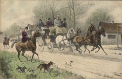 Vintage Postcard Fantasy Illustrator Horses Caleche Dog Dogs