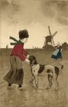 Vintage Postcard Fantaisie Illustrator Child Dog Folklore Windmill