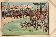 Vintage Postcard Fantaisie Illustrator Horses Dog Drives out