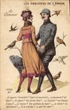 Vintage Postcard Fantasy Illustrator Woman emblems of the love Militaria Birds