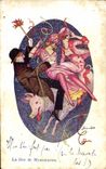 Vintage Postcard Fantasy Illustrator Sager Woman the festival of Montmartre Paris Pig Pig