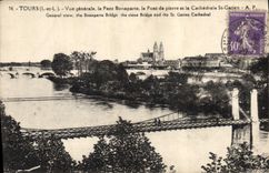Vintage Postcard Bridge Towers Seen general the bridge Bonaparte the stone bridge and the cathedral St Gatien