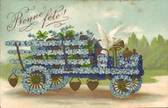 Vintage Postcard Fantasy Flowers Car Dove