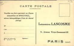 Postal Publicidad Opoterapia Seroso Spectrol Suero hemopoietique fresco de caballo Laboratorios 8.o Lancosme Avenida Victor Manuel III París