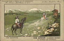 Vintage Postcard Publicite Don Quichotte Vin Aroud Grazes Quina Moulin Advent Laboratoires Bottle pincers Blottiere Rue Richelieu Paris
