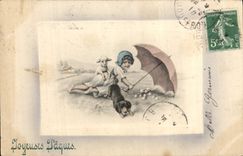 Vintage Postcard Fantasy Illustrator Child Dog Easter Lamb