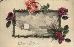 Vintage Postcard Fantasy Illustrator Happy new year Flowers