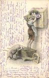 Vintage Postcard Fantasy Illustrator Child Pig Pig Letter-box