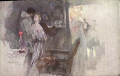 Vintage Postcard Fantasy Illustrator Woman Munk Pierrot