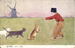 Vintage Postcard Fantaisie Illustrator Child Windmill Chat Cats Kitten