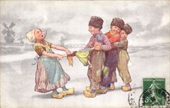 Vintage Postcard Fantaisie Illustrator Children Windmill