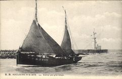 Vintage Postcard Boulogne Headlight on Sea Return by large temp Fishing boat