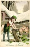 Vintage Postcard Fantasy Child Clover Pig Pig