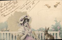 Vintage Postcard Fantasy Illustrator Woman Rabbit Bells