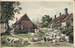 Vintage Postcard Fantaisie Illustrator Closes Cows Sheep