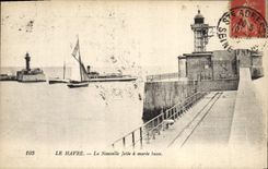Vintage Postcard Phare Le Havre the new pier has low tide Boats