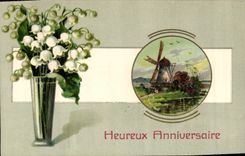 Vintage Postcard Fantaisie Flowers Lily of the valley Windmill