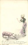 Vintage Postcard Illustrator Fantasy Woman Pig Pig
