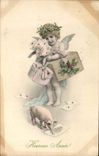 Vintage Postcard Illustrator Fantasy Angel Pig Pig