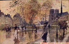 Vintage Postcard Paris Illustrator Notre Dame seen of the Island Saint Louis