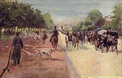 Vintage Postcard Paris Illustrator Avenue of the Wood of Boulogne Triumphal arch Dog