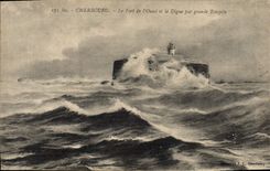Vintage Postcard Cherbourg Headlight the Fort of the West of the Dam by great storm