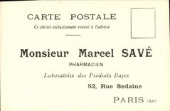 Vintage Postcard Publicity Marcel Save Pharmacist Laboratory of the Products Bayer Street Sedaine Paris 11th