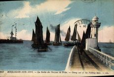 Vintage Postcard Boulogne Headlight on Sea the exit of the boats of sin Boats