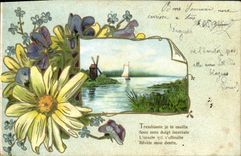 CPA Fantaisie Fleurs Moulin a vent