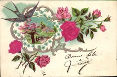CPA Fantaisie Fleurs Hirondelle