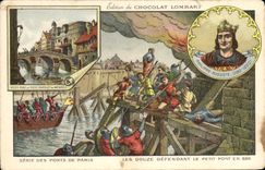 CPA Publicite Chocolat Lombart Serie des ponts de Paris Les douze defendant le petit pont en 886