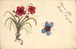CPA Fantaisie (dessin a la main) Fleurs Papillon 